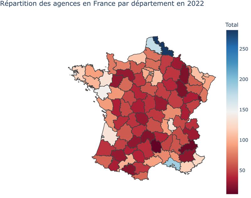 Répartition des agences en France par département en 2022