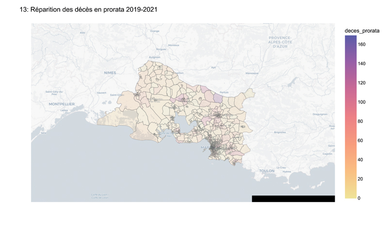 Répartition des décès pro rata dans le departement avec une répartition par les IRIS communes deces 13