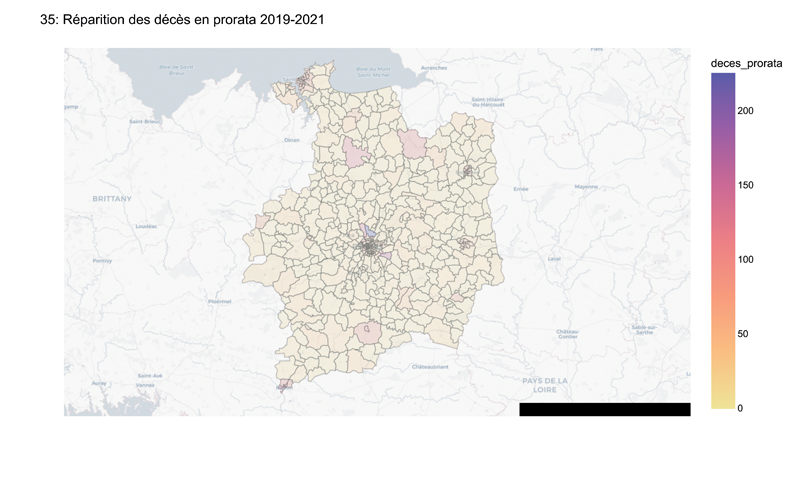 Répartition des décès pro rata dans le departement avec une répartition par les IRIS communes deces 35