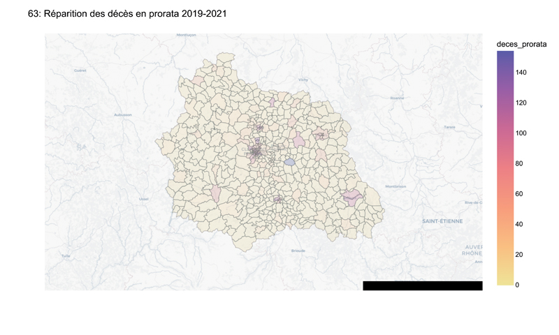 Répartition des décès pro rata dans le departement avec une répartition par les IRIS communes deces 63