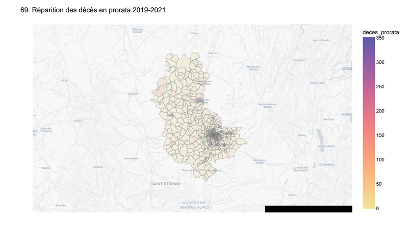 Répartition des décès pro rata dans le departement avec une répartition par les IRIS communes deces 69