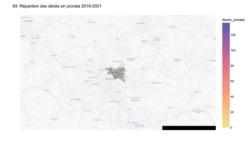 Répartition des décès pro rata dans le departement avec une répartition par les IRIS communes deces 93