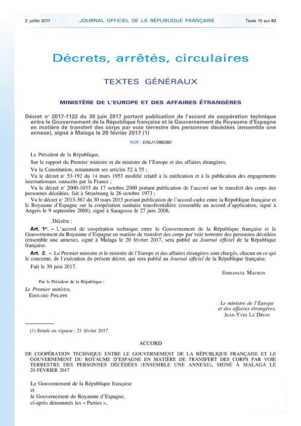 Decret no 2017 1122 du 30 juin 2017 accord de cooperation technique entre le Gouvernement de la Republique francaise et le Gouvernement du Royaume dEspagne JO 2 juillet 2017 1