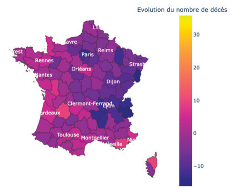 Evolution des décès entre 2021 et 2020 par département