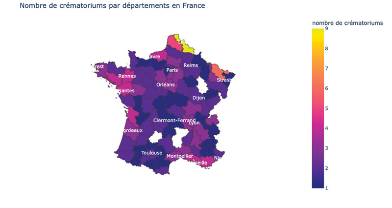 Nombre de crématoriums par départements en France