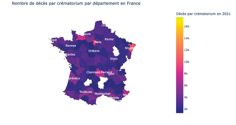 Nombre de décès par crématorium par département en France