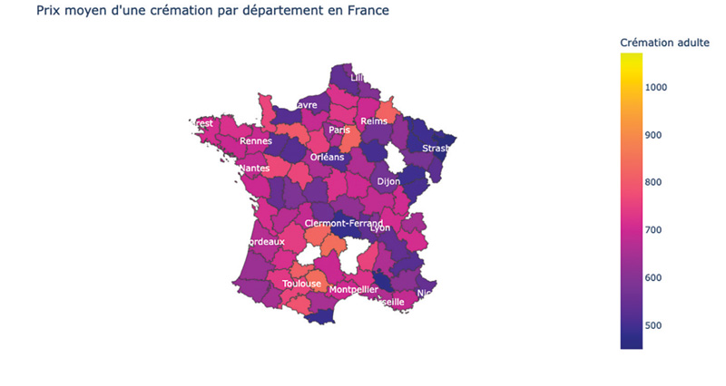 Prix moyen dune crémation par département en France