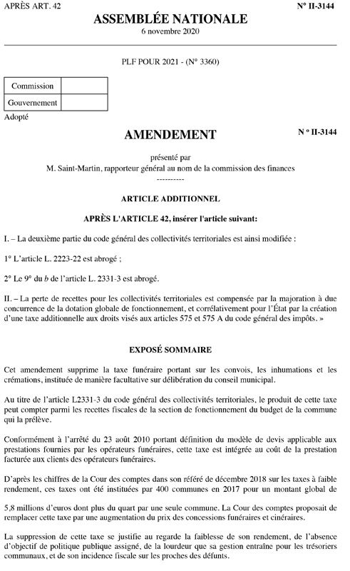2020 11 13 Amendement PLF 2021 adopté suppresion des taxes funéraires communales 1